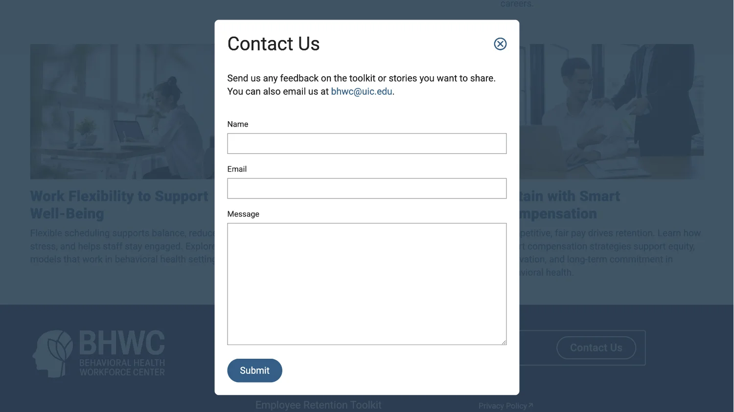 Contact form of a website in a modal with a blue transparent background